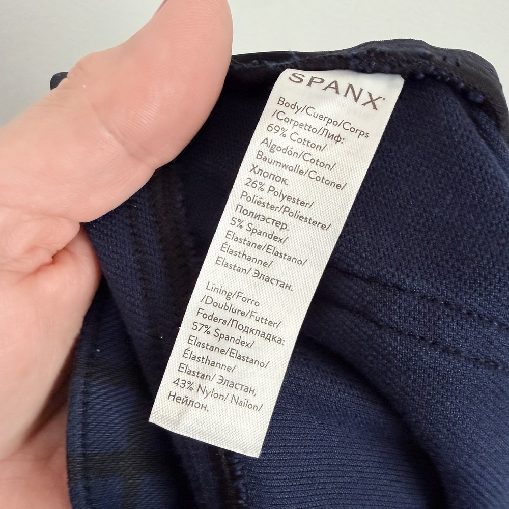 Spanx Jeanish Ankle Leggings L Black Blue Plaid Print Skinny Pull On Casual Pant - Picture 8 of 9